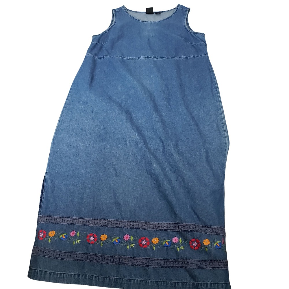 Erika Women Blue Denim Maxi Dress Large Sleeveless Embroidered‎ Floral Lace Hem